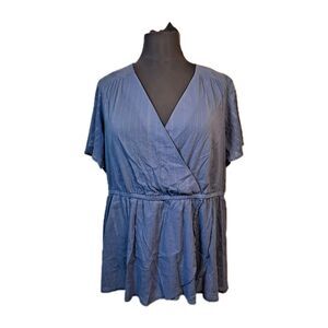 Lane Bryant Women's Blouse Size 26 Blue Cotton Faux Wrap Flutter Sleeve Metallic